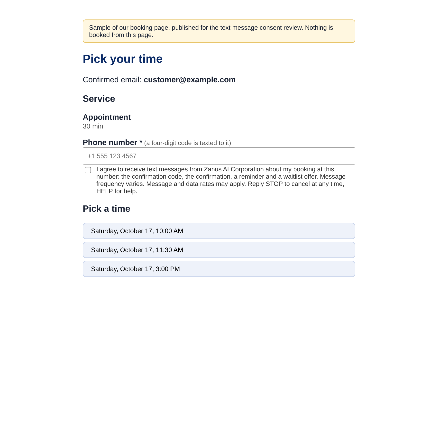 The booking page with the phone number field and the unchecked text message consent box
