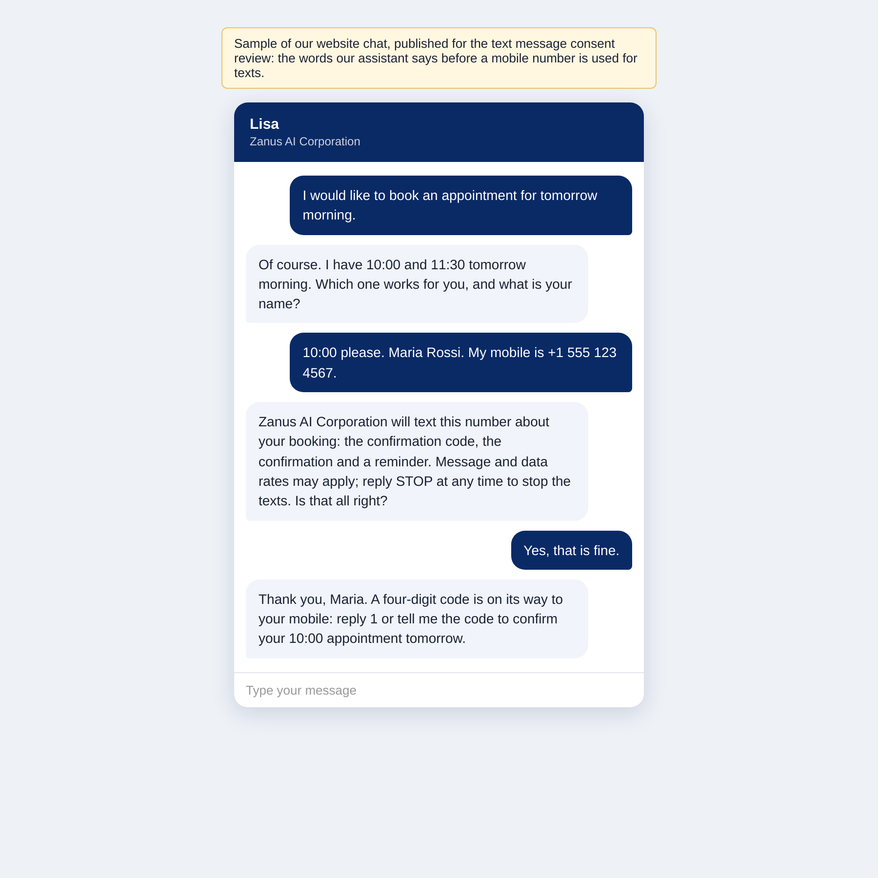 The website chat with the assistant's text message consent question and the customer's yes